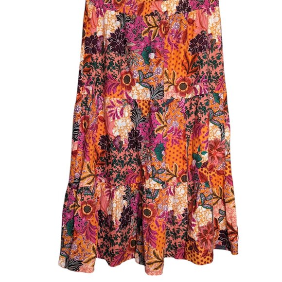 Loft Maxi Skirt Tiered Slit Tropical Floral Pattern Linen Blend Pull On Large - Picture 2 of 6